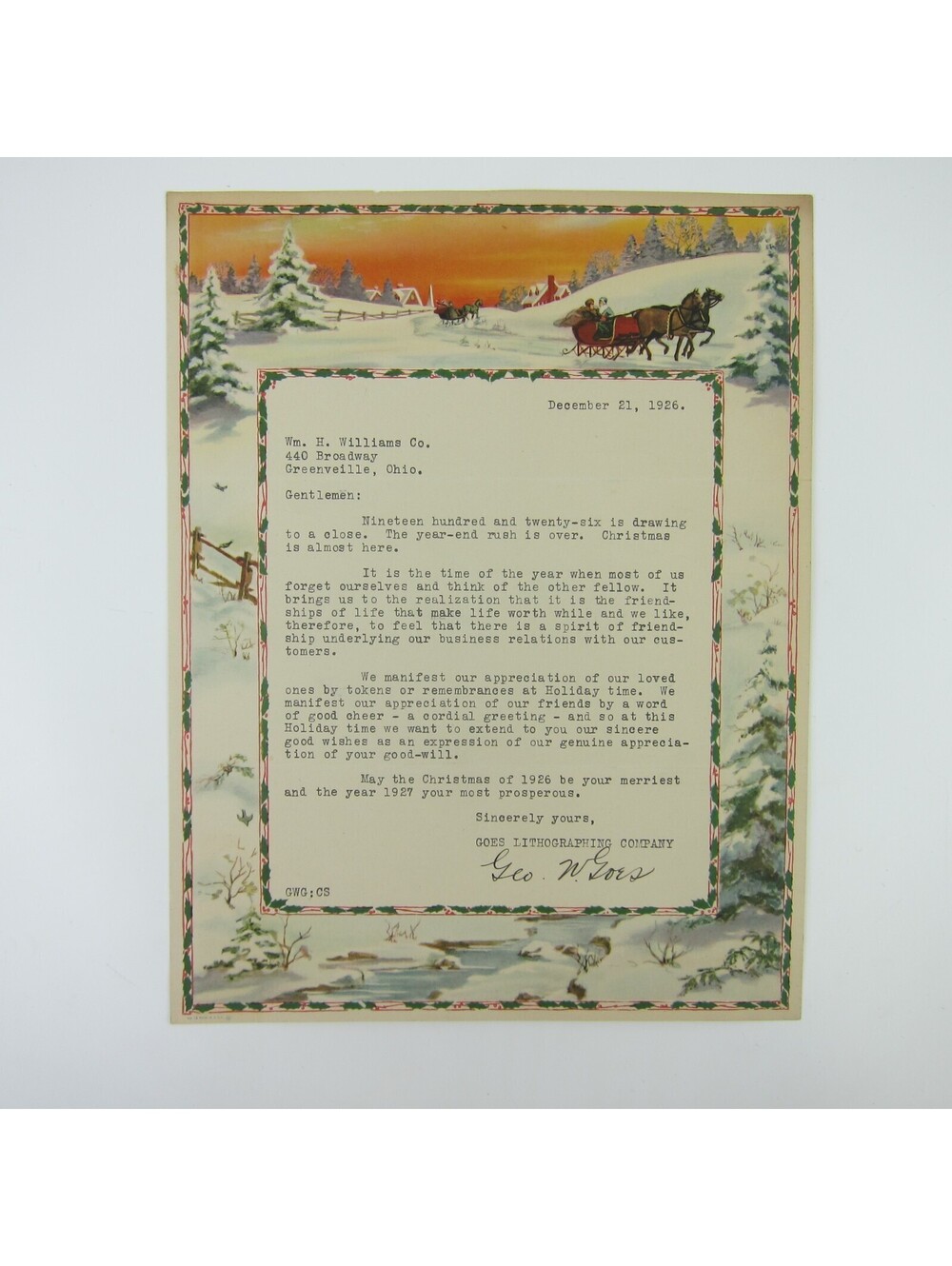 Vintage 1926 Christmas Stationery Sample Horse Sleigh Snow Goes Lithography Co